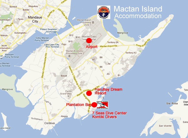 Map of Mactan with Plantation Bay Resort and Haruhay Dream Resort